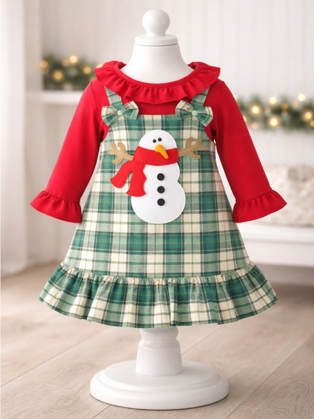 NWT Girls Red Ruffle Shirt with Green Overall Dress with Snowman - Size 6-12 mo